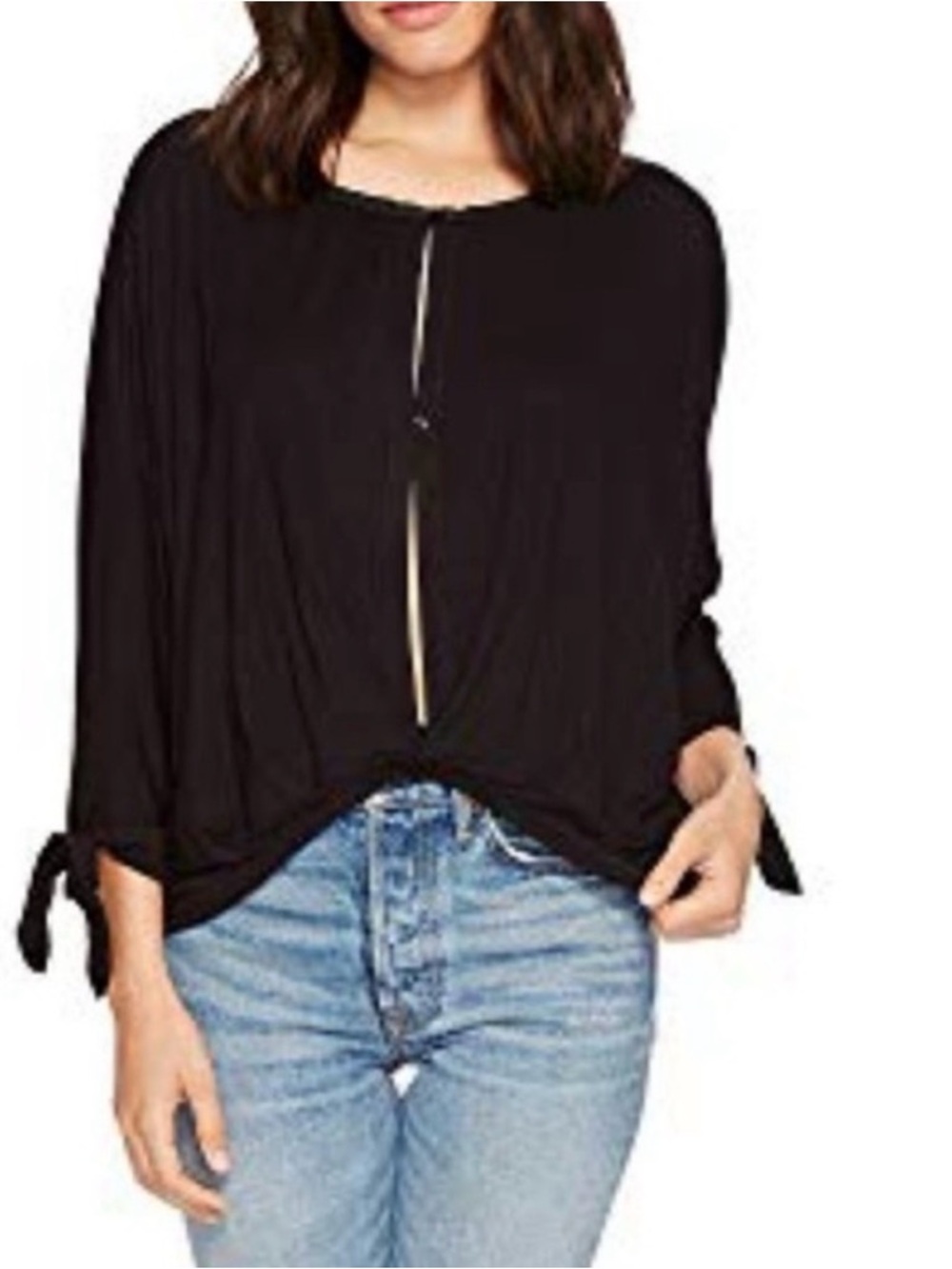 Free People Black Keepin' On Long Sleeve Button Front Tie-Sleeve Top Size M